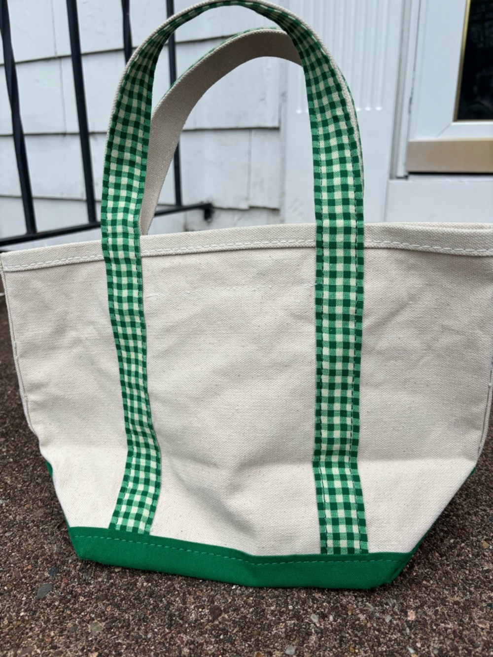 Anthropologie Cream Canvas Tote with Green Gingham Straps and Embroidered Duck - Picture 6 of 7